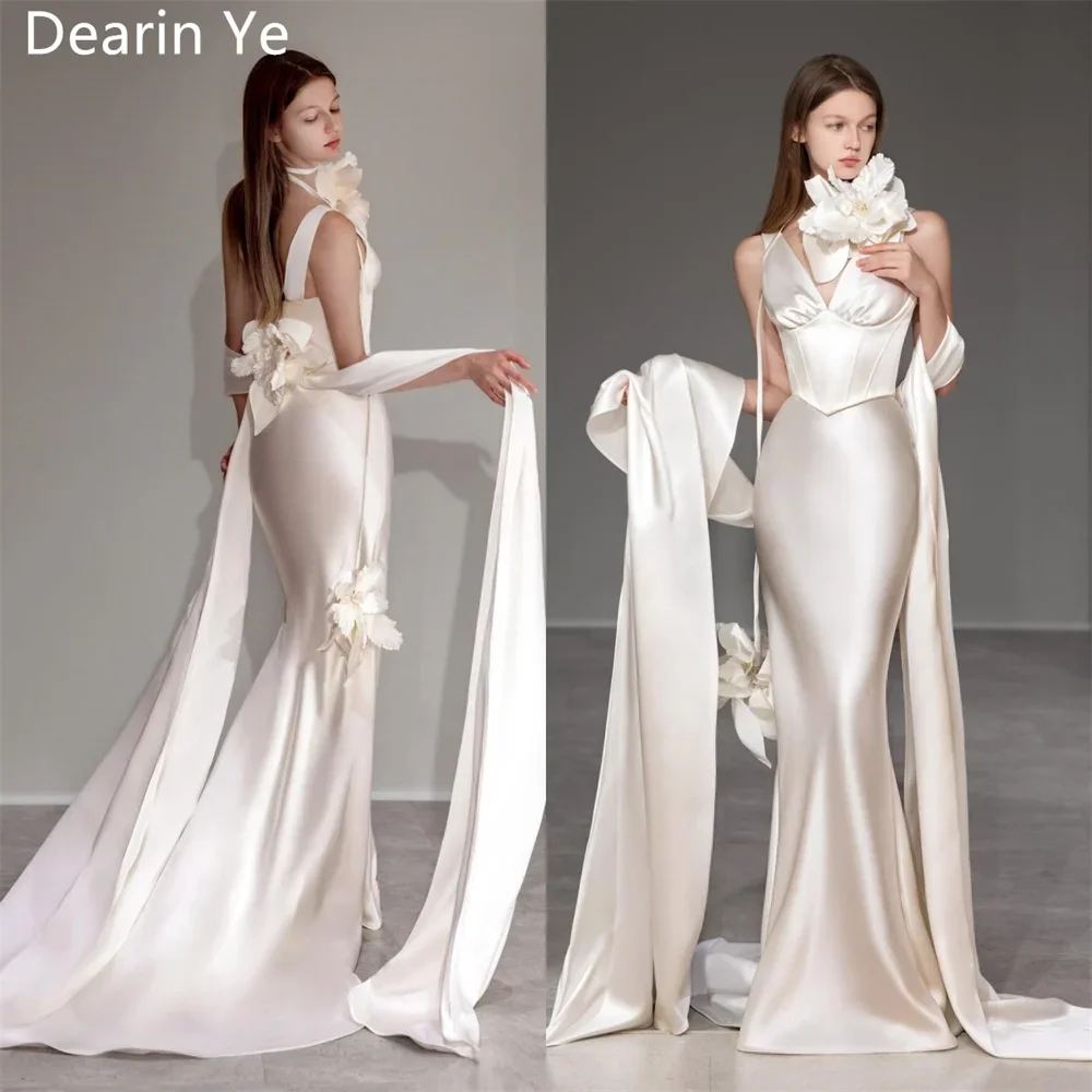 Customized Prom Gown Dearin Shoulder Girdle Mermaid Floor Length Skirts Hugging Ribbon 3D Flower Sleeveless Bespoke Occasion Dre