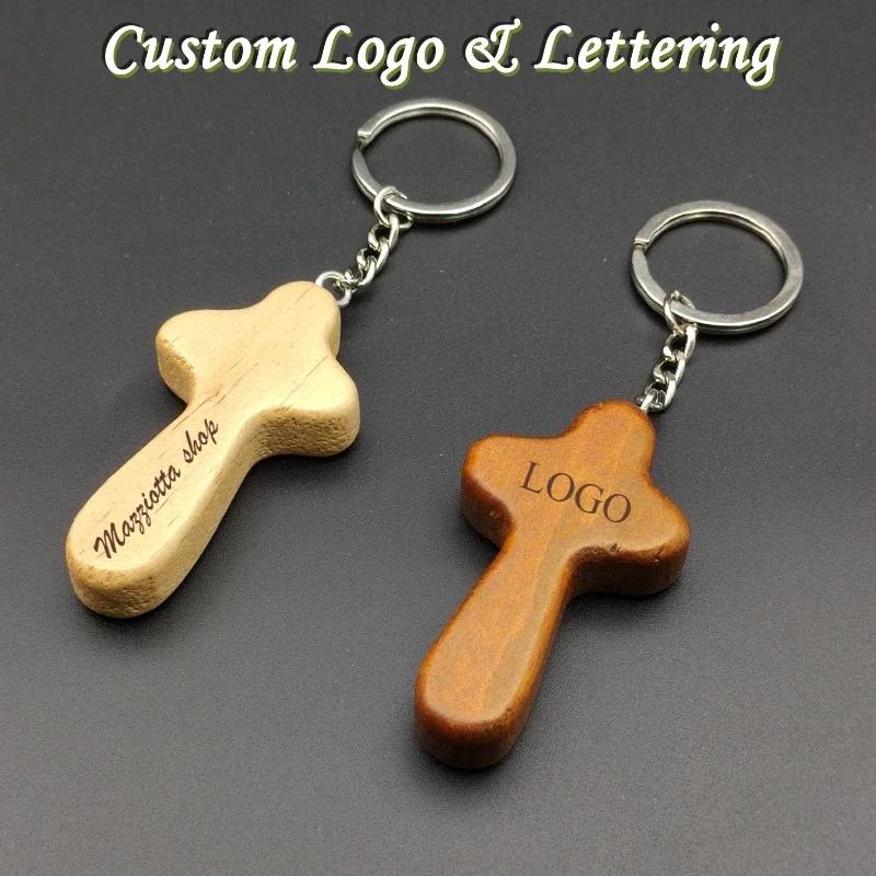 

Custom Logo Cross Key Ring Laser Engraving Beech Keychain Wooden Key Chain Wooden Spoon Ring Gift for Men and Women Pendant