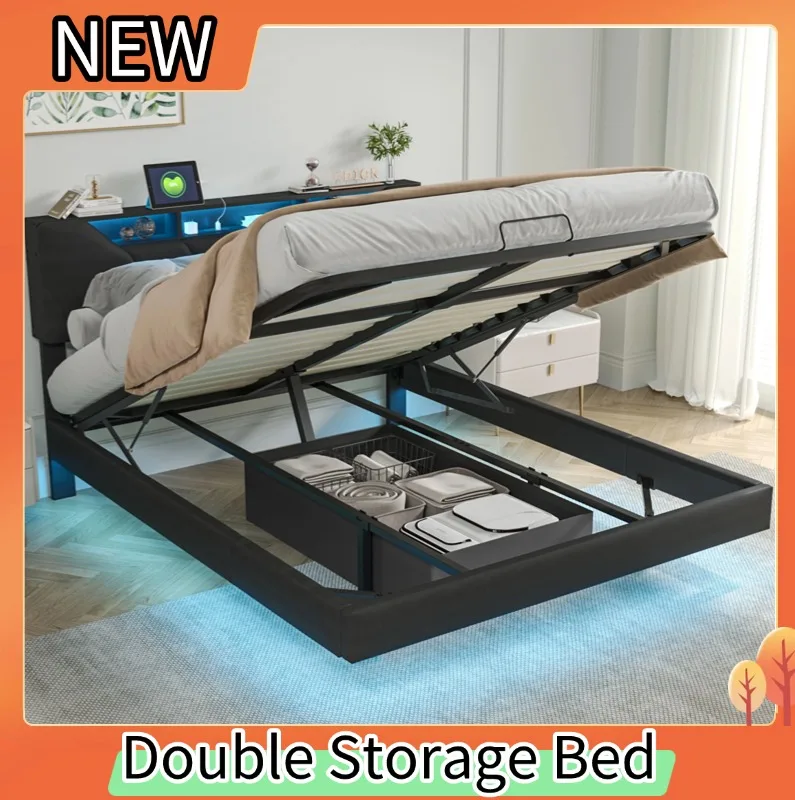 Creahappy-Doppelbettgestell mit Stauraum, gepolstertes Bett mit Euro-Stecker und