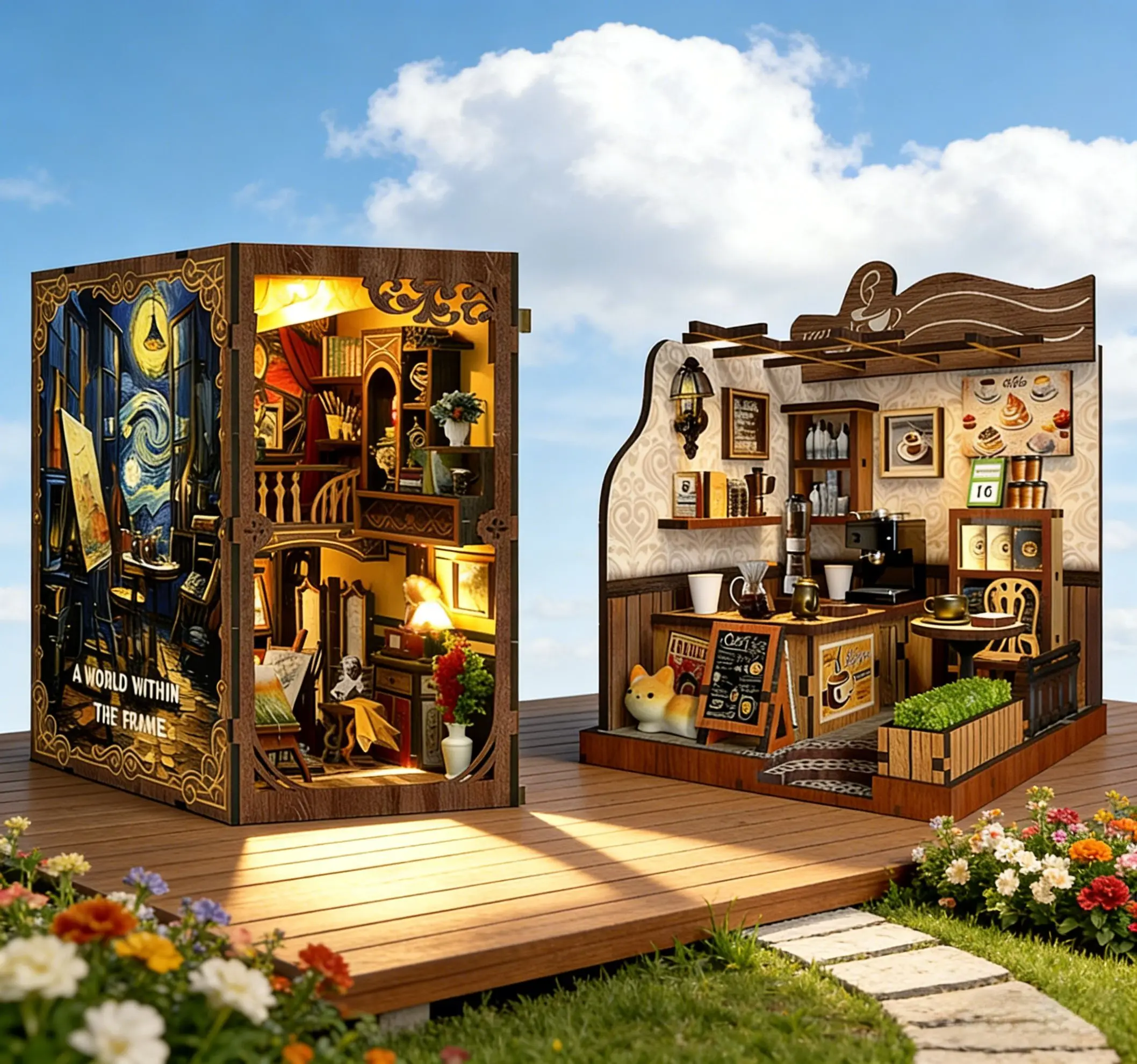 

DIY 2-in-1 3D Wooden Puzzle Kit Frame World Bookend And Country Coffee House Miniature Handmade Creative Gift Toy