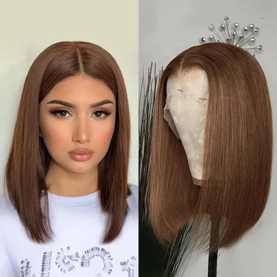 Short 18inch Brown Silky Straight 5x5 Silk Base Jewish Human Hair Wig With Baby Hair HD Lace European Hair Preplucked Glueless