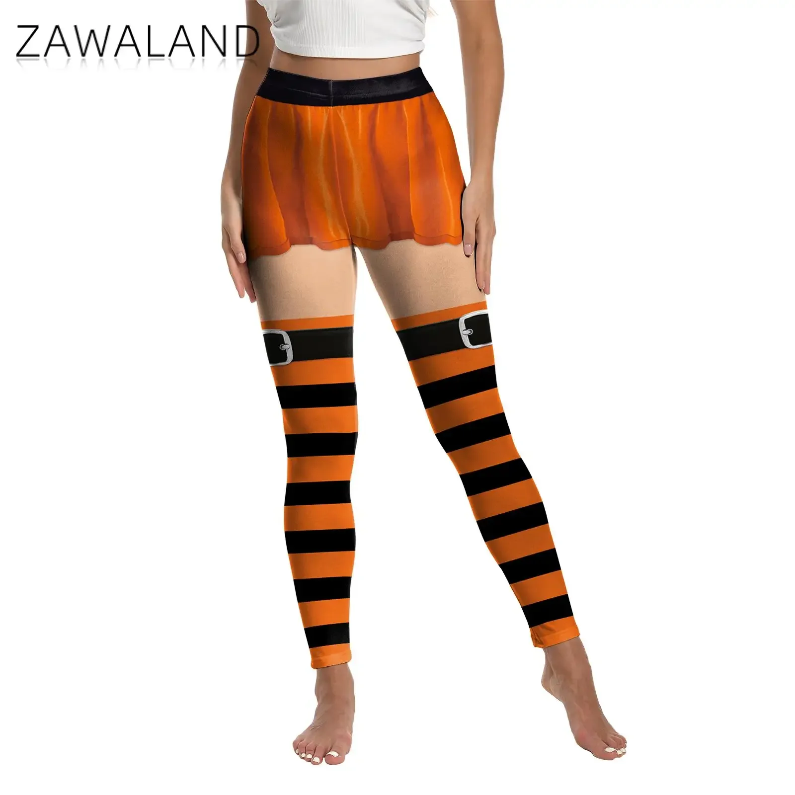 Zawaland اليقطين مخطط نمط هالوين طماق للنساء البرتقال تأثيري السراويل منتصف الخصر مطاطا اليوغا السراويل الجوارب الطرف