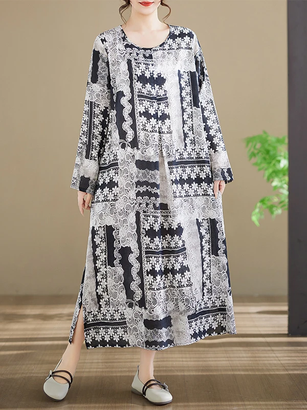

New plus Size Women's Cotton Long Sleeve Dress round Neck Printed Maxi Skirt Citywalk Ethnic Style Loose Fit A-Line Dress