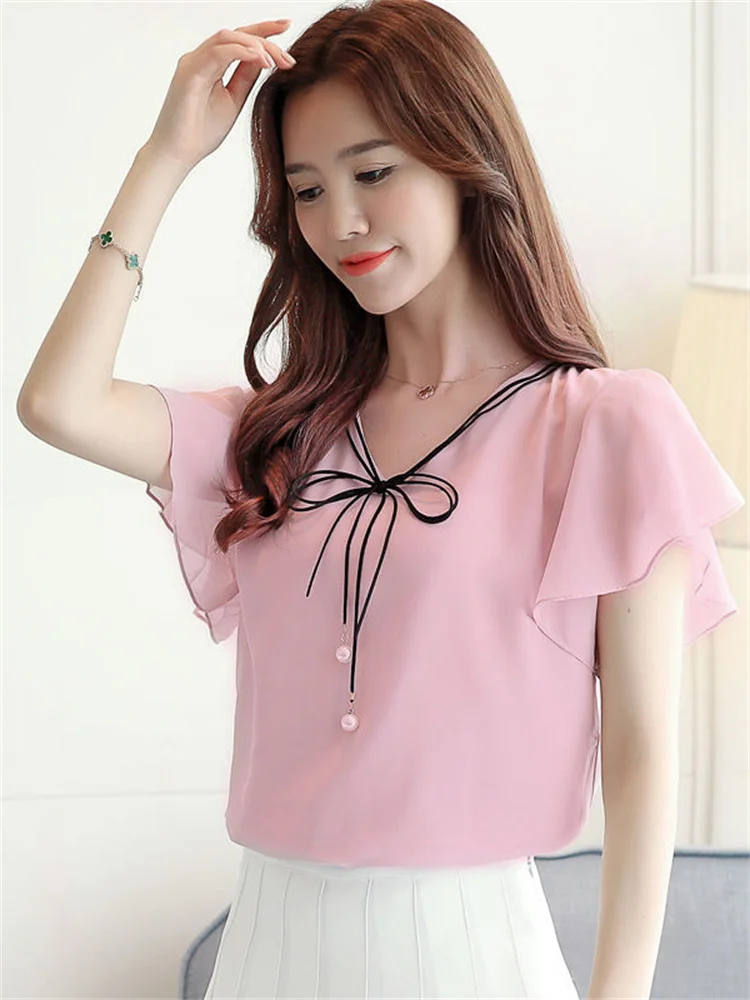 Women Spring Summer Style Chiffon Blouses Shirts Lady Casual Short Flare Sleeve O-Neck Chiffon Blusas Tops DF3128