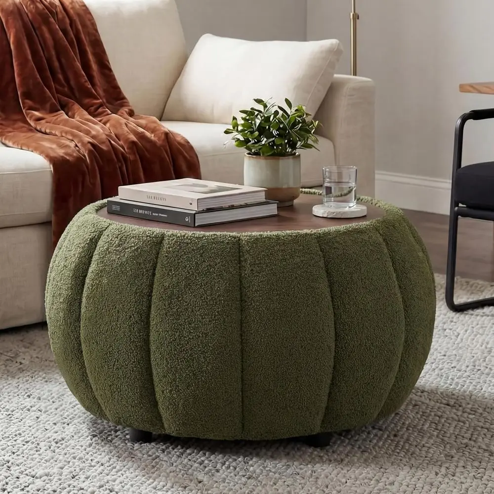 

Round Wooden Ottoman Coffee Table with Large Storage and Multifunctional Fabric Footstool in Green