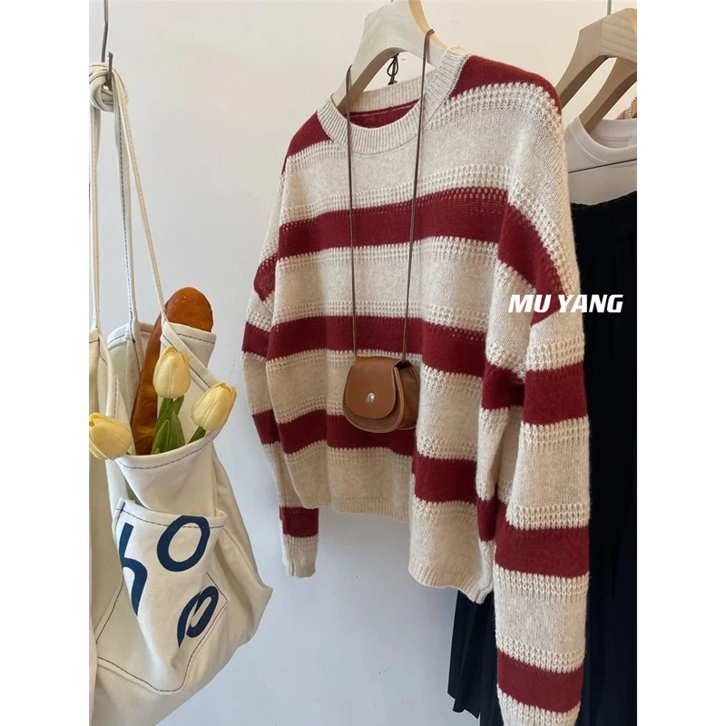 여성용 라운드 넥 긴팔 루즈 풀오버 상의, 스트라이프 할로우, 스위트 시크, 소프트 니트 스웨터, Y2K, 트렌디 대비 색상