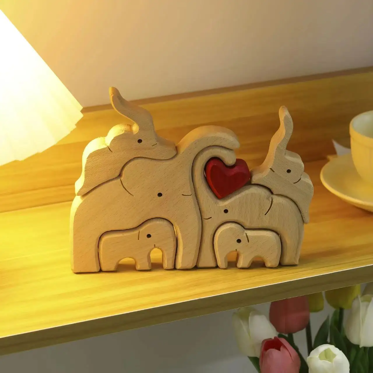 Wooden Elephant Family Statue - Home Decoration Craft Ideal for Living Room Desktop Ornament Puzzle Design Perfect Festival Gift