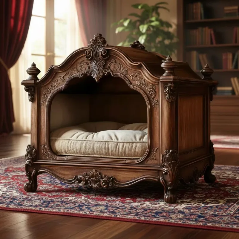 

Carved Solid Wood Pet Bed, Vintage Royal Dog House Cat Cave,Wholesale Cat Cave Furniture for Small Dogs