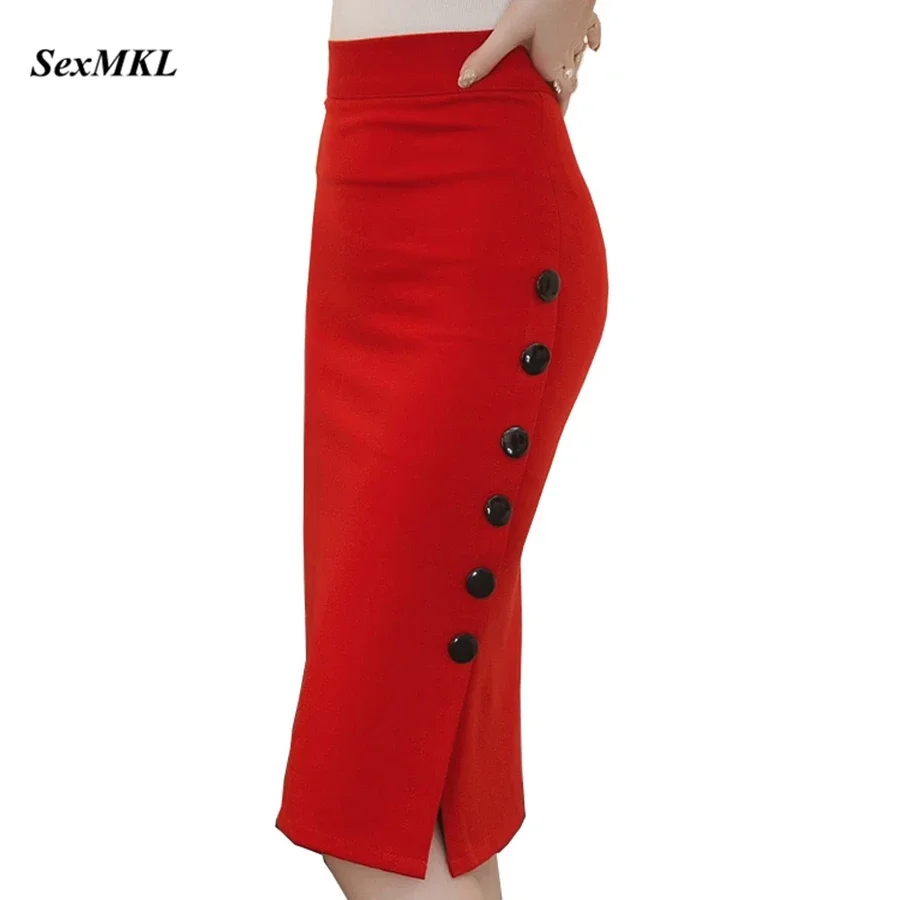 Oversized 2024 Fashion Women Work Midi Skirt OL Sexy Open Slit Button Slim Pencil Skirt Elegant Office Ladies Skirts Red Black