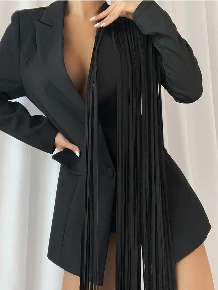 VGH Casual Solid Patchwork Tassel Blazers For Women Notched Collar Long Sleeve Spliced Single Breasted Minimalist Blazer Female