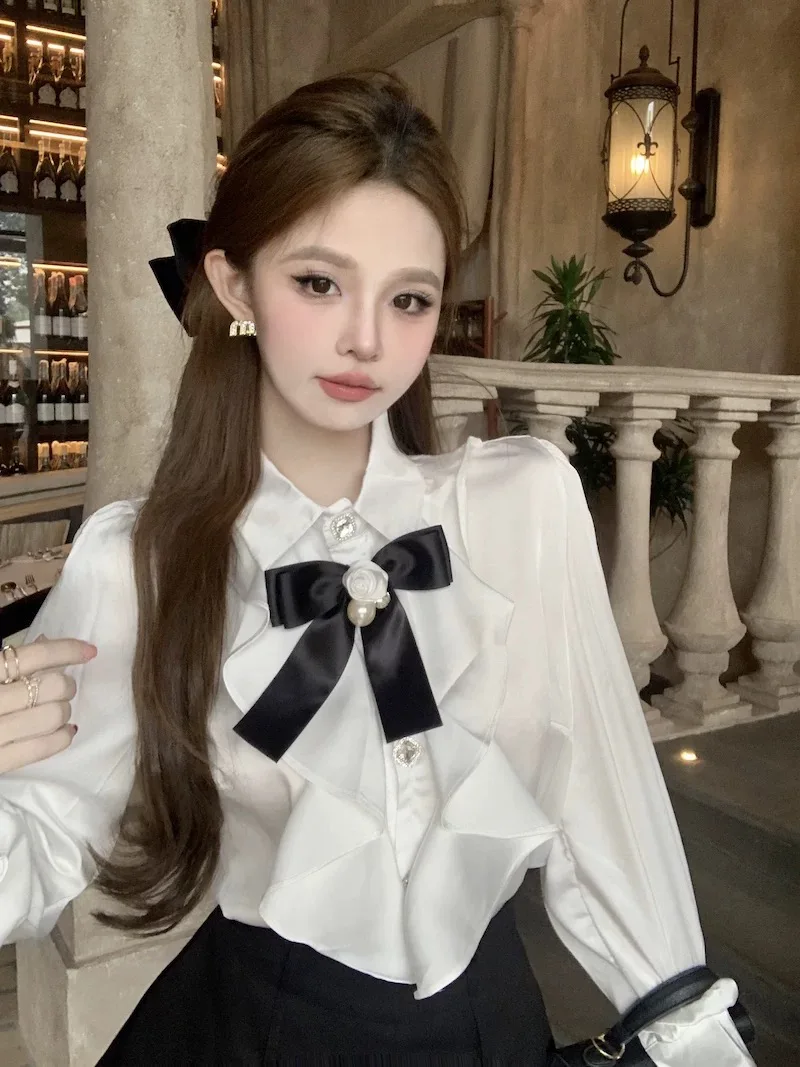 French Romantic Vintage Tops Autumn Winter Lady Sweet Blouse Bow Tie Ruffle Flounce Shirt Fashion Sexy Travel Streetwear Shirts