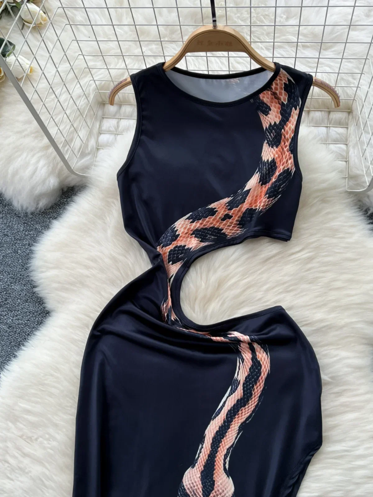 SsTss Seductor Pure Lust Sexy Recorte Cintura Delgada Estampado de Serpiente Sin Mangas Maxi Vestido Bodycon para Mujer