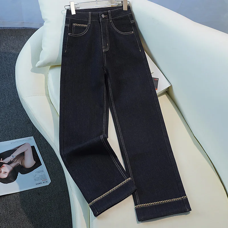 سروال دينم أزرق ضيق للنساء، سروال ريترو للربيع والخريف متعدد الاستخدامات عالي الخصر مستقيم الساق، سروال بطول الأرض