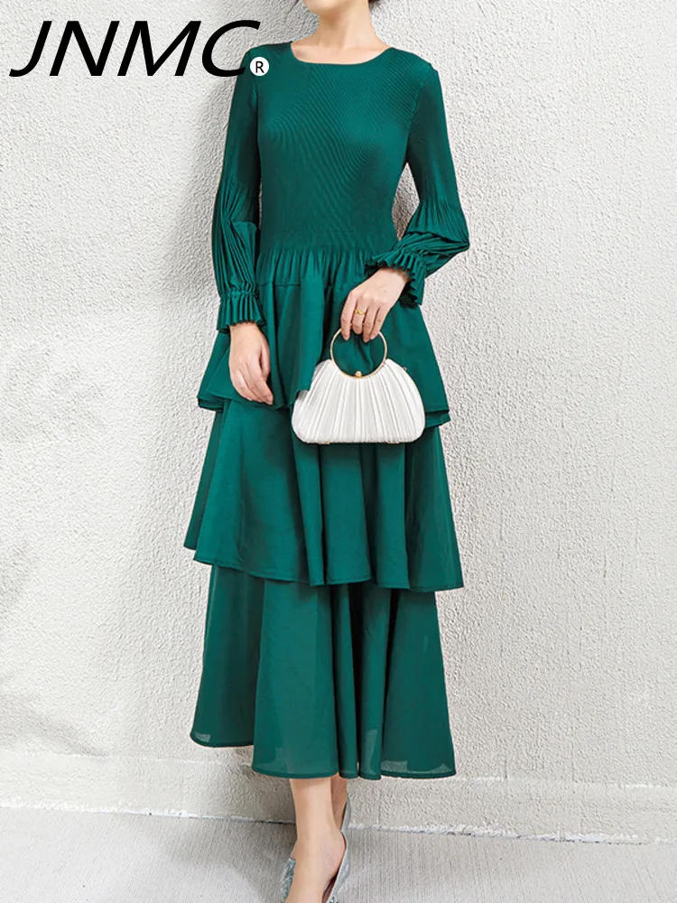 

JNMC Elegant Temperament Cinched Round Neck Ruffled Edges Pleated Long Sleeved Dress For Women 2024 Spring Autumn New Style