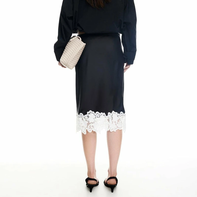 Combhasaki Womens Elegant Chic Sheer Floral Lace Trimmed Patchwork Satin Silky Midi Skirts Zipper High Rise Slim Y2k Underskirts