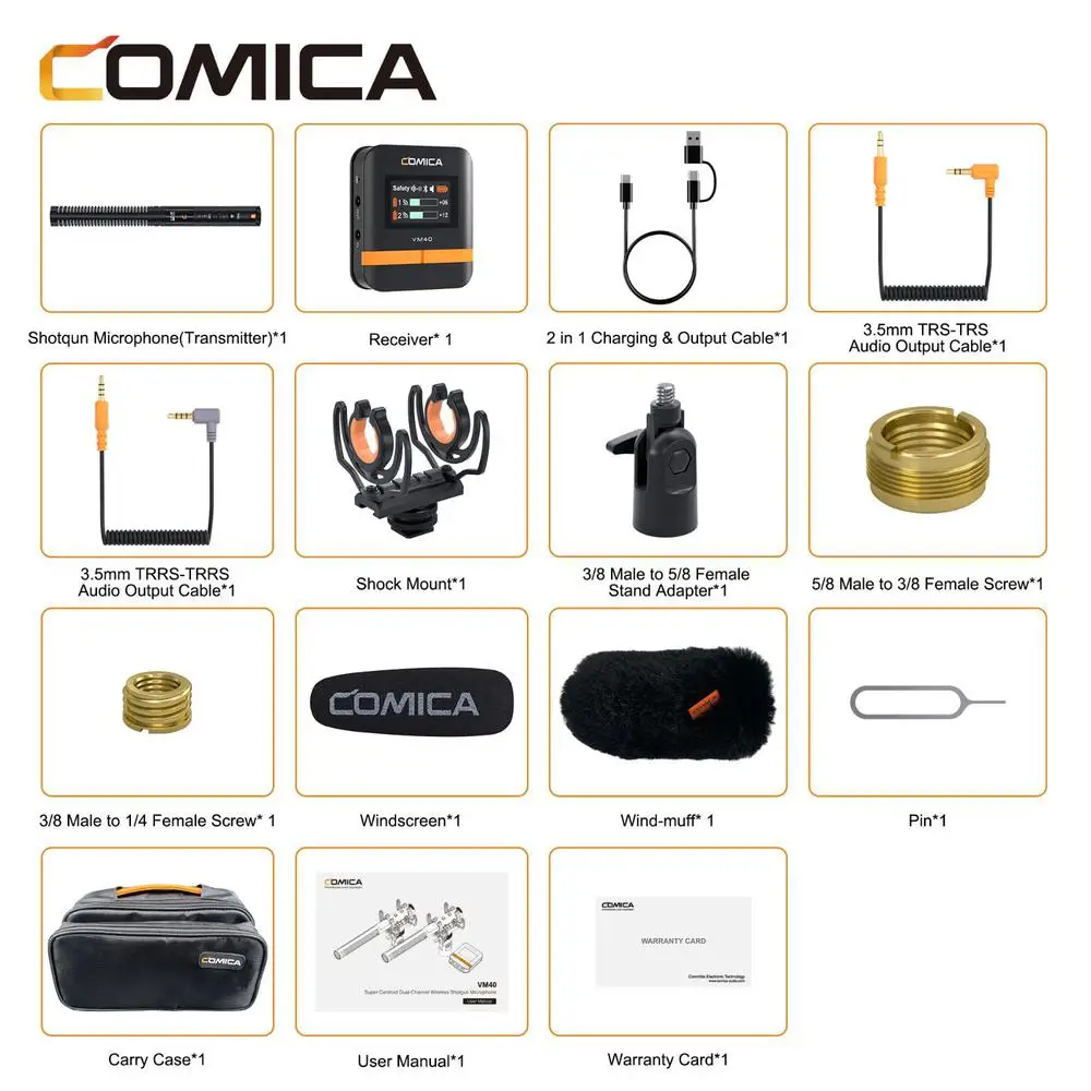 Comica VM40 2.4G supercardioïde tweekanaals draadloze shotgun-microfoon, bedrade en draadloze dubbele modi, voor camera/smartphone/pc
