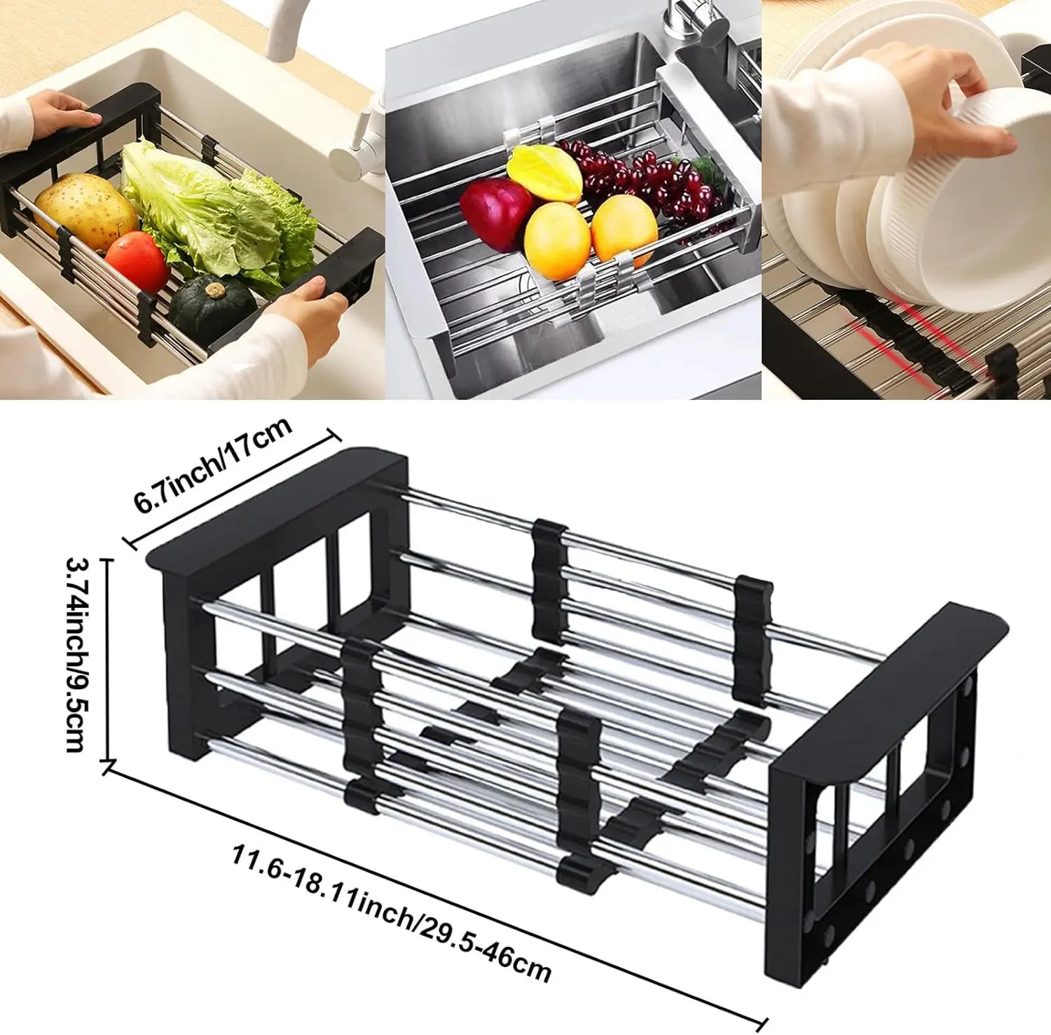 Adjustable Stainless Steel Kitchen Sink Drain Basket Telescopic Dish Drying Rack Fruit Vegetable Drainer Tray Storage Organizer