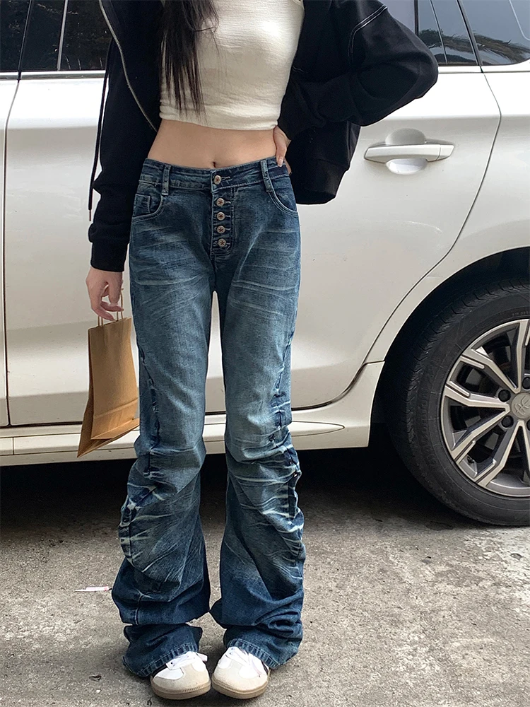 Women Goblin Core Stacked Jean Grunge Japanese Harajuku Y2K Streetwear Low Rise Denim Pants 2000s Cyber Punk Gothic Skinny Gyaru