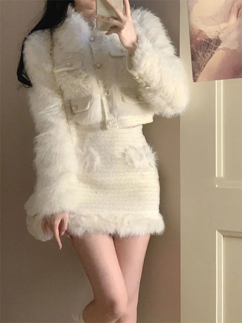 

French Gentle Plush Patchwork Coat Skirt Two-piece Set Women Korean Polo Neck Soft Glutinous Celebrity Solid Slim Winter Suit