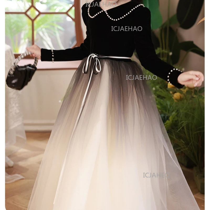 Children Girls Formal Princess Black Dress Birthday Tutu Kids Piano Performance Pageant Party Outfit Gown French Style Costume