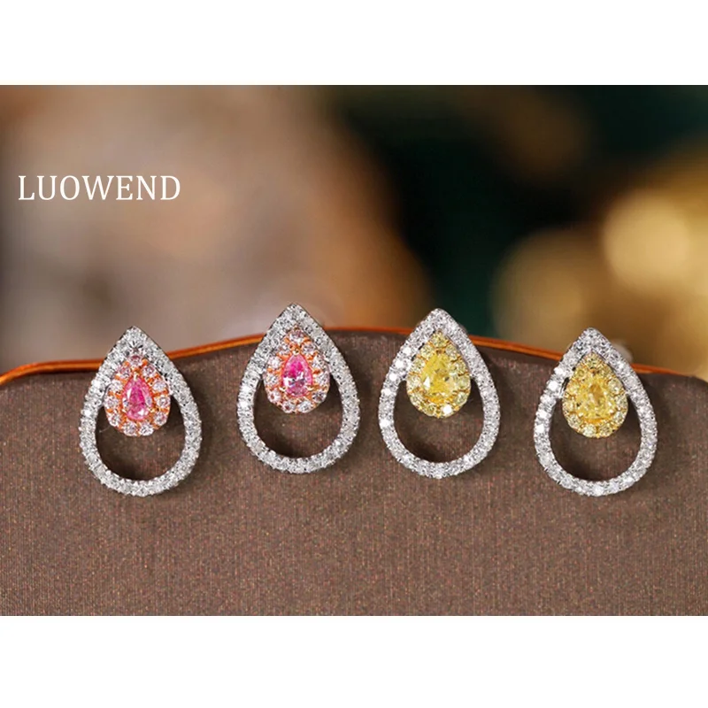 LUOWEND 18K White Gold Earrings Classic Design Real Natural Yellow or Pink Diamond Stud Earrings for Women High Wedding Jewelry