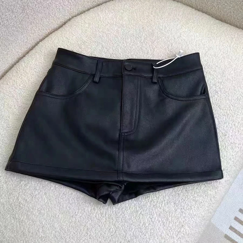 Black Pu Skirt with Shorts Women Spring Summer Sexy Hot Girl Anti-Glare Leather Culottes Ladies 2024 High Waisted Mini Skirts