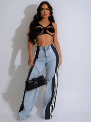 Jrry lässige Frauen Jeans hose Knöpfe Reiß verschlüsse Taschen lange lose drei Streifen gestreifte Jeans hose