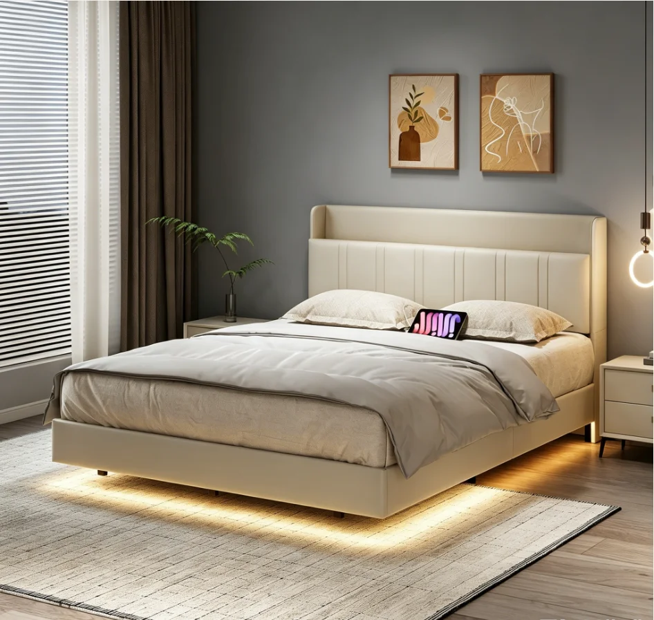 Lit rembourré Rosahqnda 140x200cm, lit flottant avec éclairage LED et station de recharge SUB, tête de lit avec rangement à effet visuel flottant, sans matelas (expédié en 2 colis) 140 x 190 cm, 160 x 200 cm