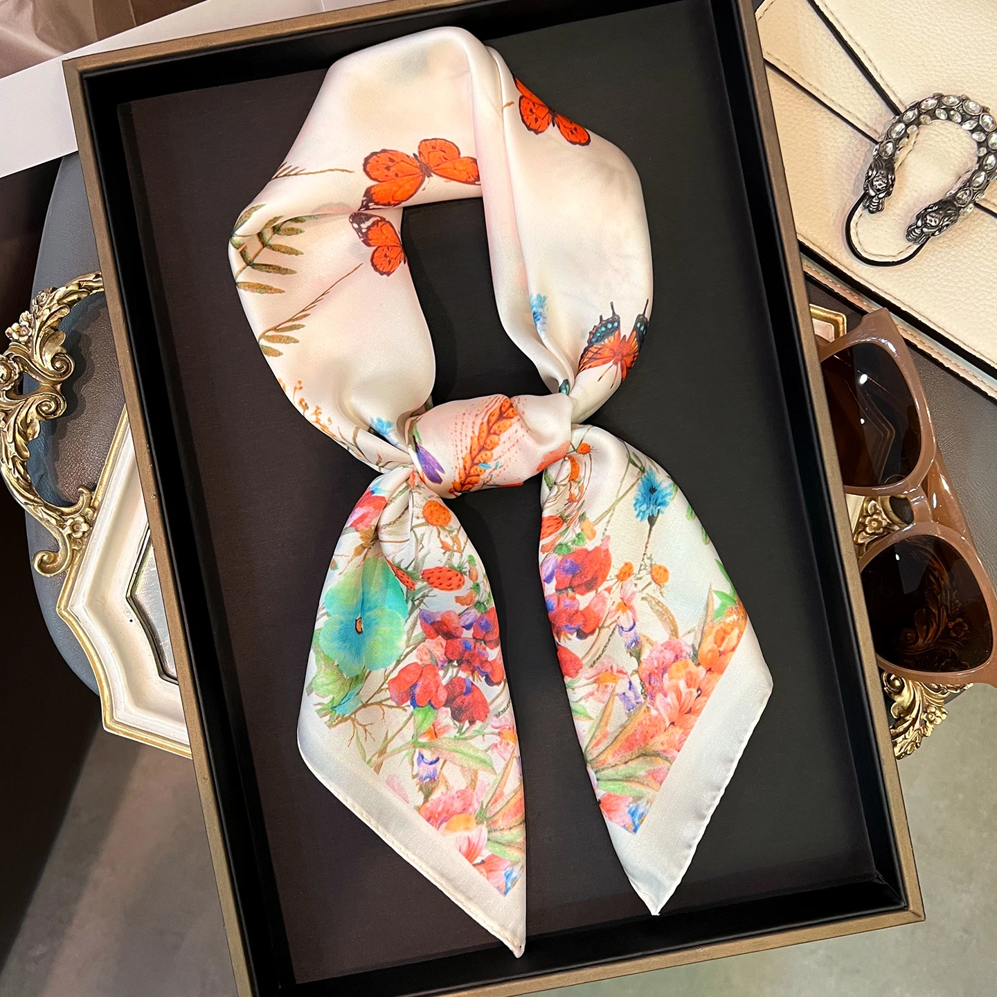 

Female Scarf Hijab Bandana Handkerchief Silk Scarves Woman Headscarf Square Print Shawl Wrap Turban Neckerchief Outdoor Head
