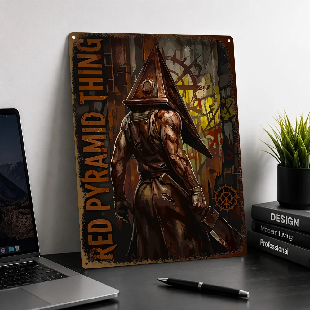 Silent Hill Red Pyramid Thing Textured Metal Poster Illustrated Wall Art For Bedroom Personalized Aluminum Sign Birthday Gift