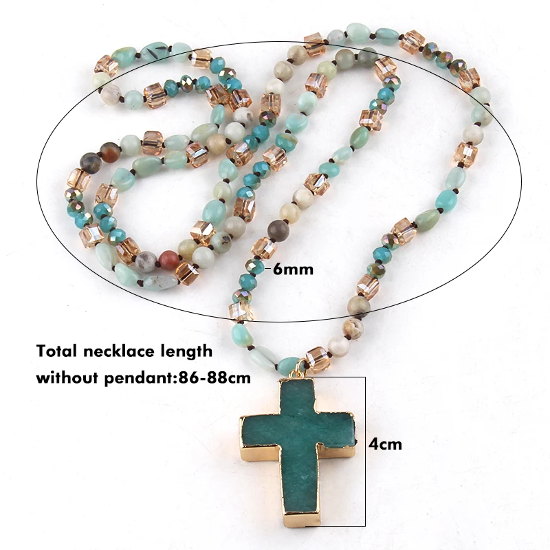 Fashion Bohemian Jewelry Accessory 6mm Stone/Glass Knotted Cross Stone Pendant Necklaces For Women