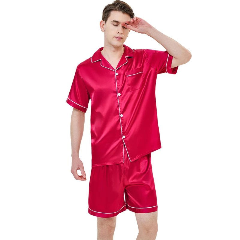 Multiple colors available for ice silk pajamas men\'s short sleeved shorts, thin summer solid color sleepwear home suit