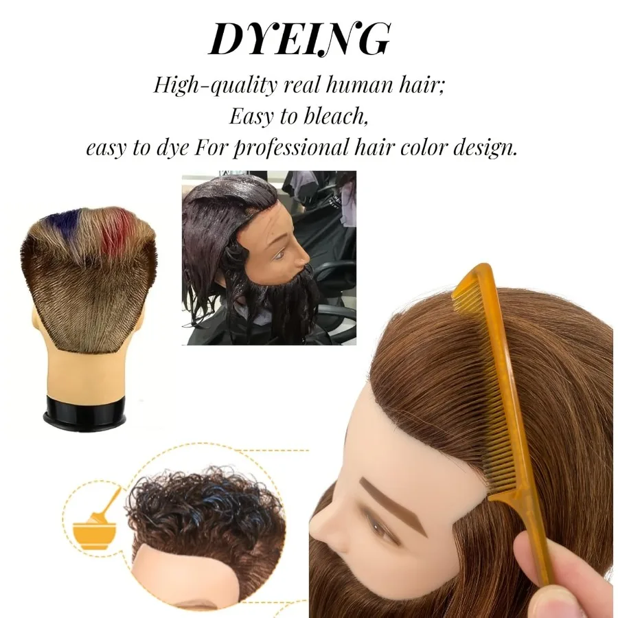 Cabeça de manequim de cabelo humano de 12 polegadas para kit de prática de barbeiro: cabeça de manequim masculina realista com cabelo humano natural ideal para St
