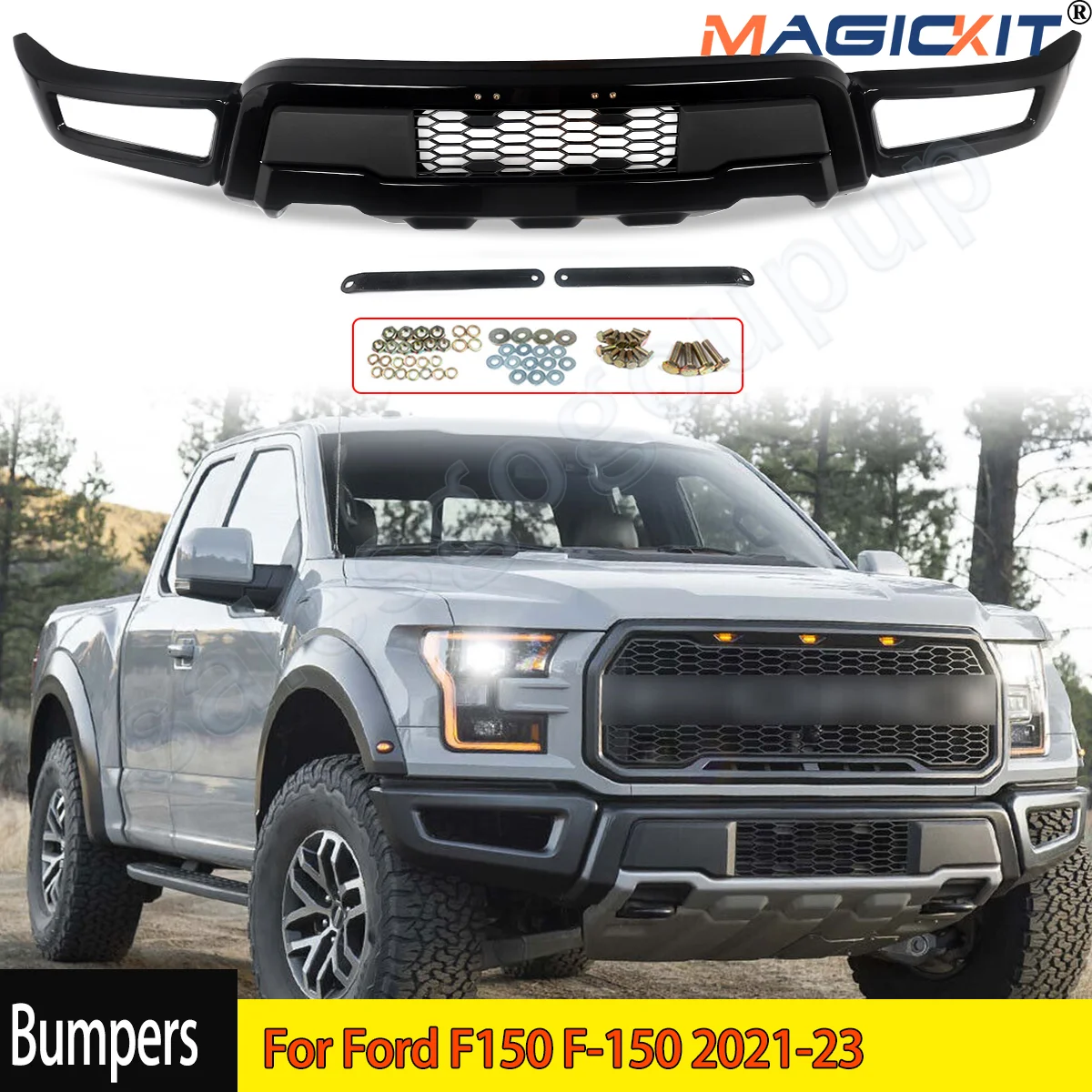 

MAGICKIT New Black Steel Front Bumper Conversion Raptor Style For Ford F150 F-150 2021-2023 car Accessories