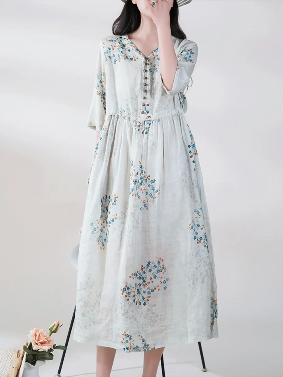 

Макси-платье Ele с цветочным принтом, пятью четверти и расклешенным подолом для женщин, летнее хлопковое платье больших размеров