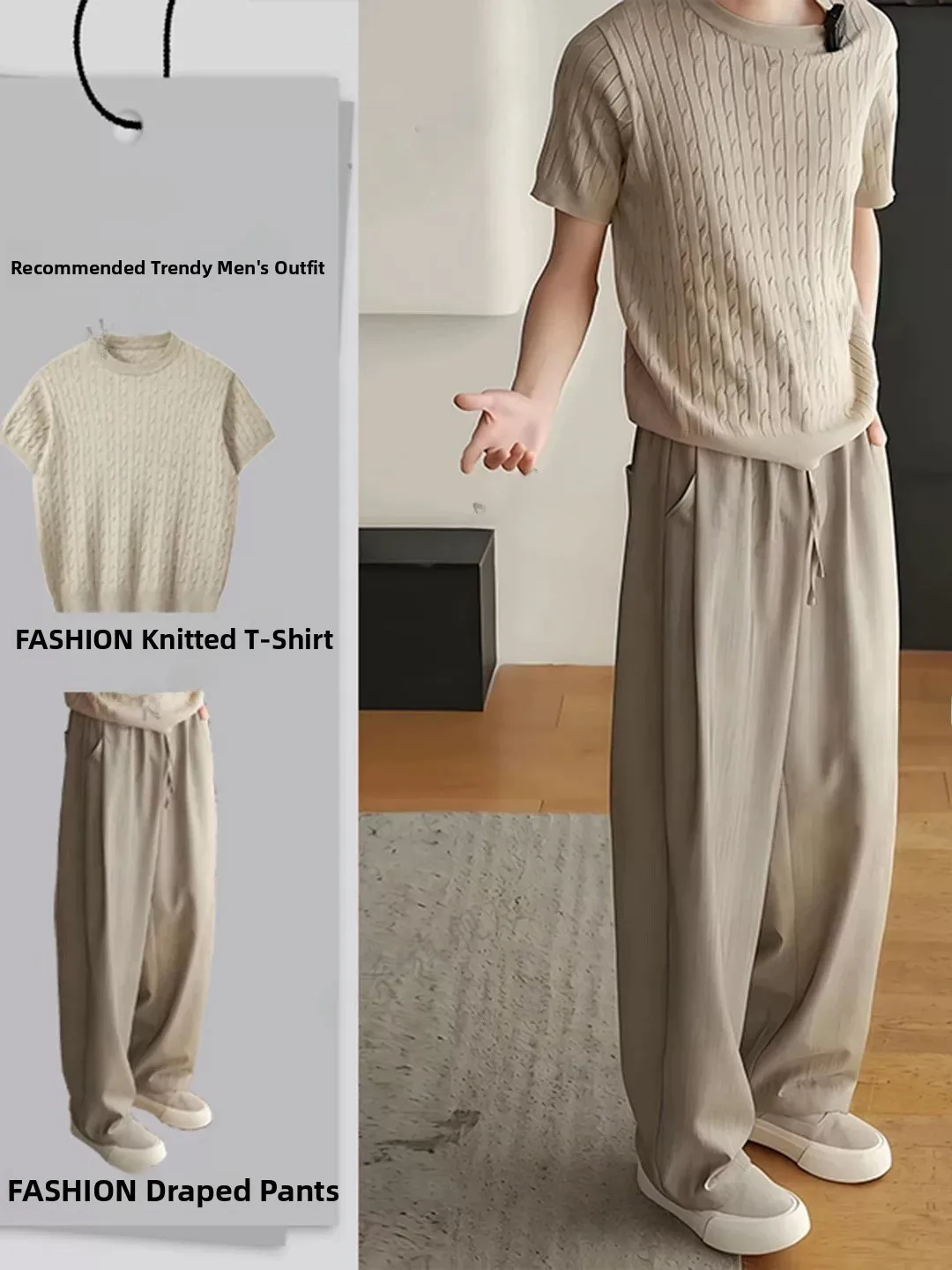 

Men's Linen Knitted Short Sleeve Suit Elastic Waist Straight Leg Casual Pants Two Piece Set Fashionable Summer Leisure Wear