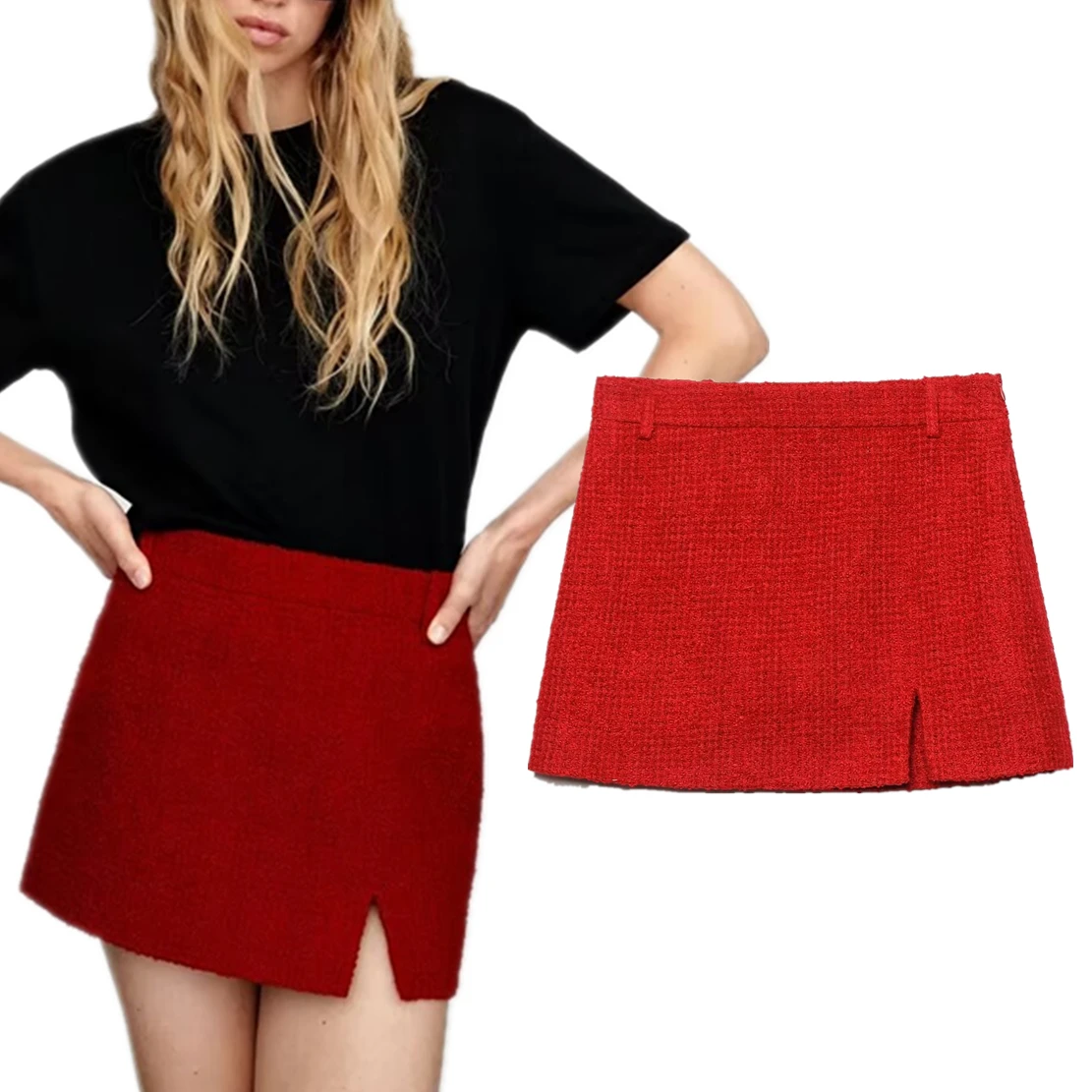 

Dave&Di Autumn And Winter New Texture Women's Skirt Fashionable Tweed Red Elegant Mini Skirts Womens