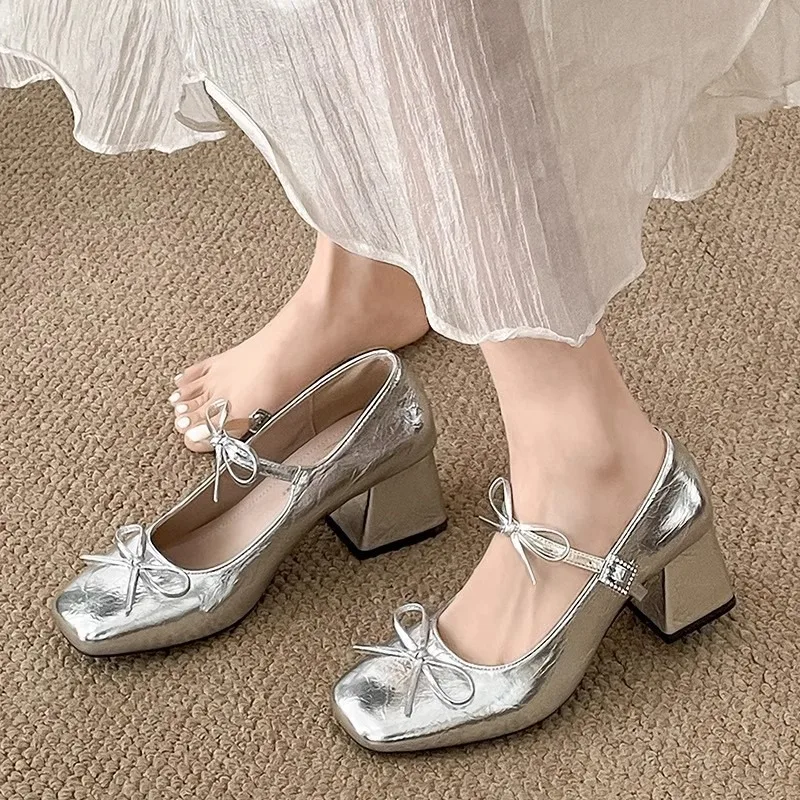 

Women's High Heels Fad Temperament High Quality Retro Bow Elegant Thick Heel Single Shoes Womens Mary Jane Leather Shoes Tacones