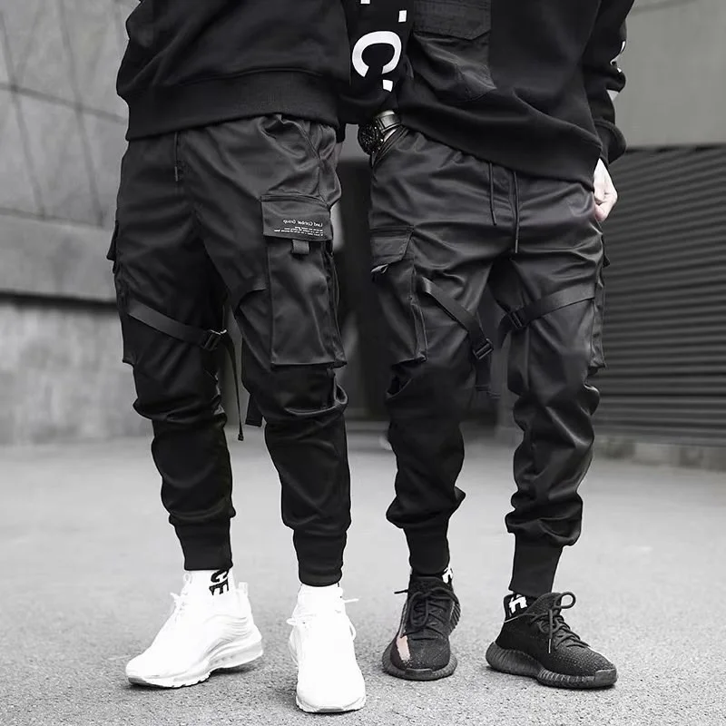 Black Men Casual Hip Hop Joggers Cargo Pants Fashion Multi Pocket Loose Fashion Trousers Streetwear Techwear Sweatpants