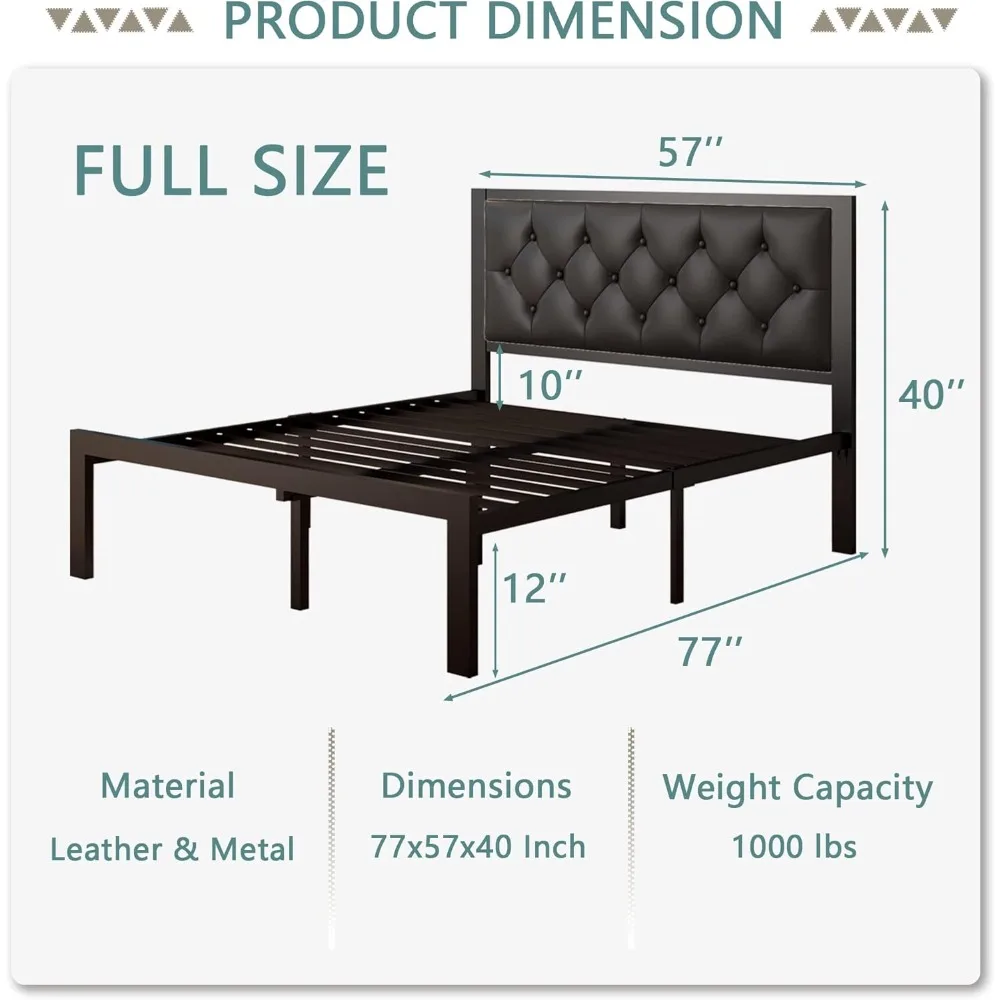 Full Size Metal Bed Frame with Faux Leather Button Tufted Headboard, Heavy-Duty Platform Bed Frame with 12