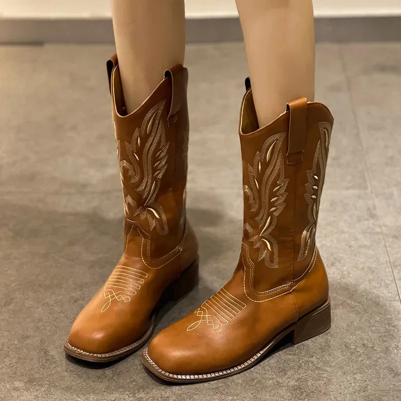 

Retro Embroidered Western Boots for Women 2024 Autumn Winter PU Leather Mid-Calf Boots Woman Thick Heeled Cowboy Booties Female
