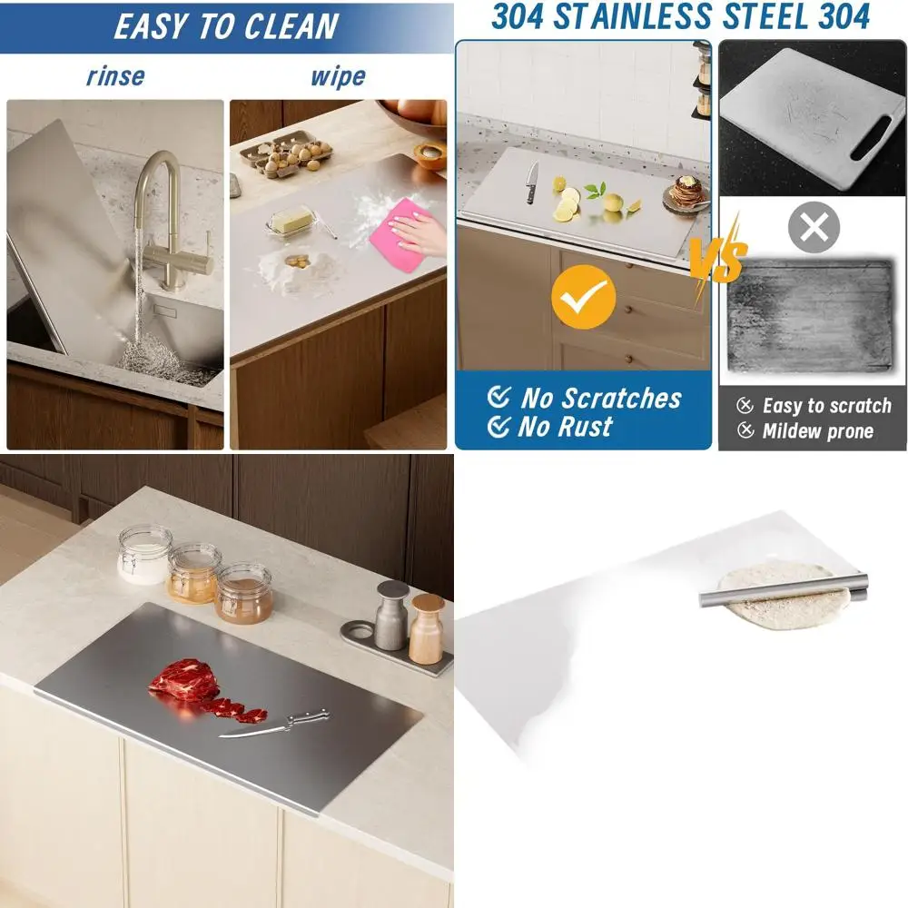 

Stainless Steel Chopping Board 35.4x19.7 with Rolling Pin & Non-Slip Mat for Baking & Cutting