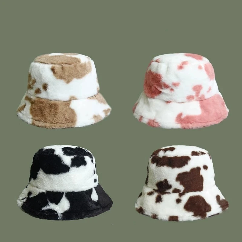 Cow Print Fisherman Hat for Women New Autumn and Winter Style Thickened Warm Bucket Hat Trendy Internet Celebrity Hat