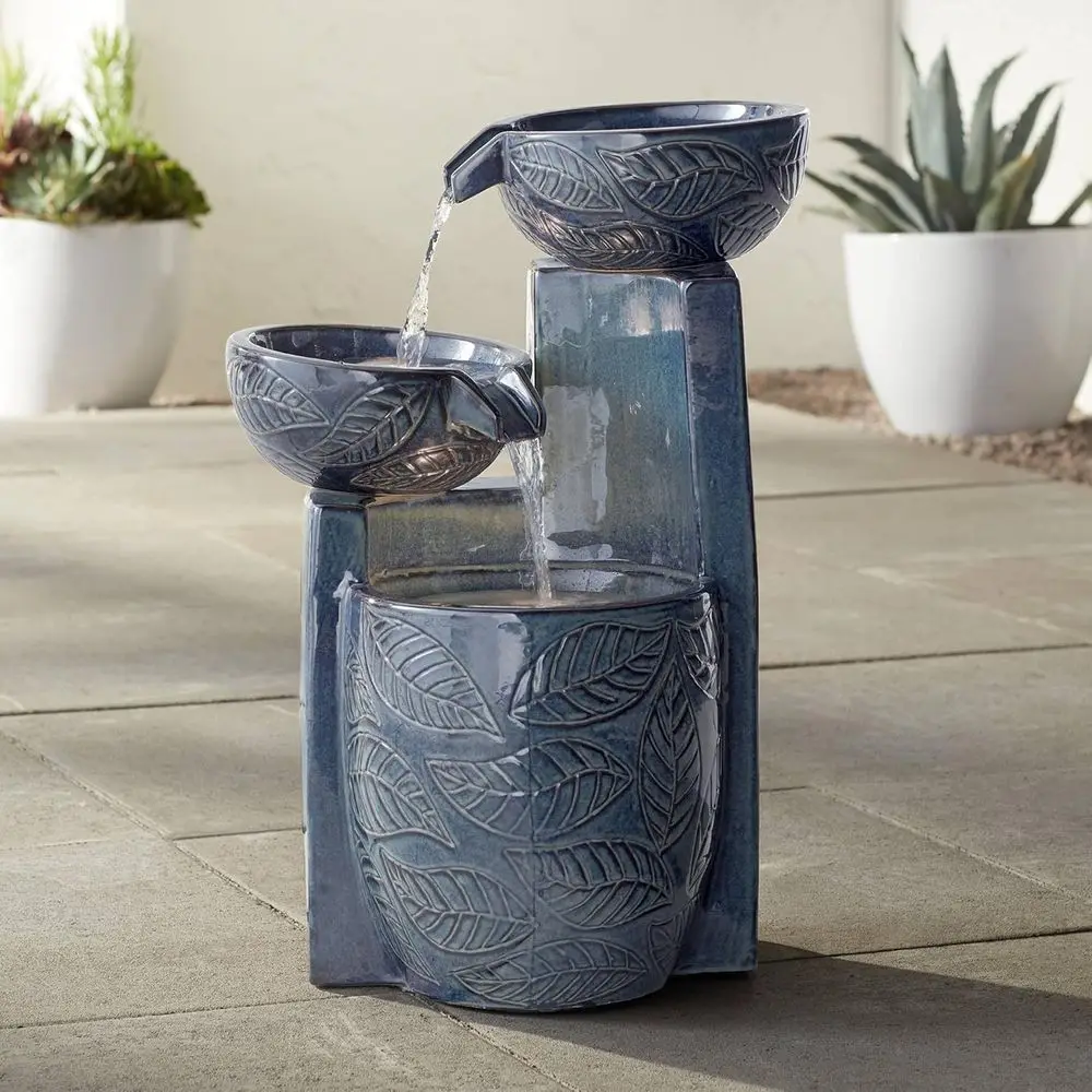 

Summer Leaves 26" High Large Zen Indoor Outdoor Decor Ceic loor ountain with Light LED Standing Waterall Bowl Tiered Water eatur