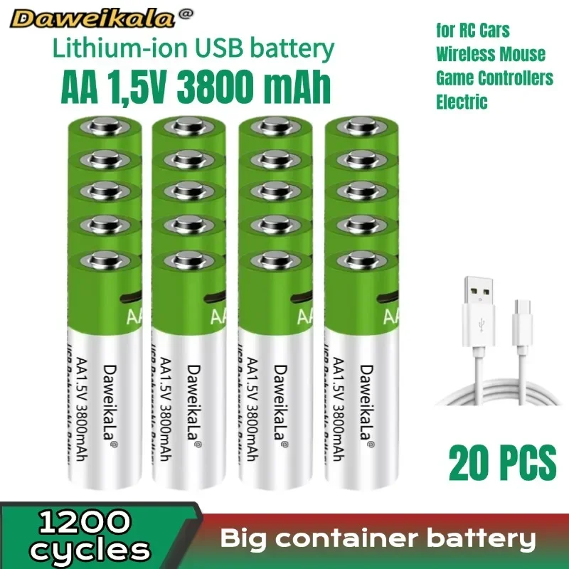 2024 신형 1.5V AA USB 충전식 배터리 3800mAh 리튬이온 배터리 (리모컨, 마우스, 전자 장난감용) + C타입 케이블