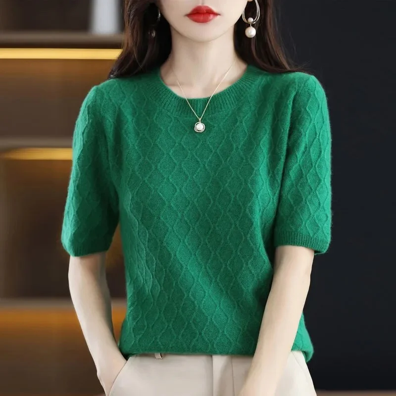 2023 New Women Sweater Short Sleeve O-neck Stripe Knitwears Slim Fit Shirt Jumpers Fashion Pullovers Thin Knit Bottoming Tops