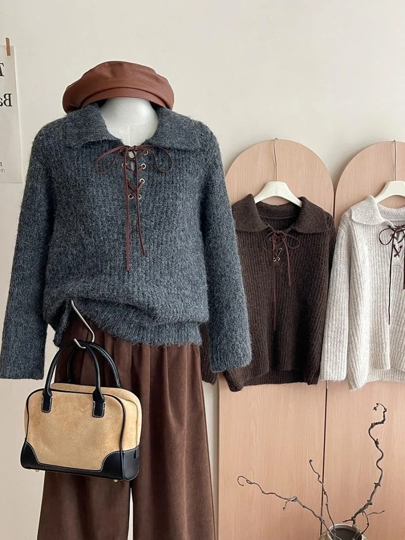 

Korobov Korean Vintage Turn Down Collar Long Sleeve Loose Solid Casual Woman Sweaters
