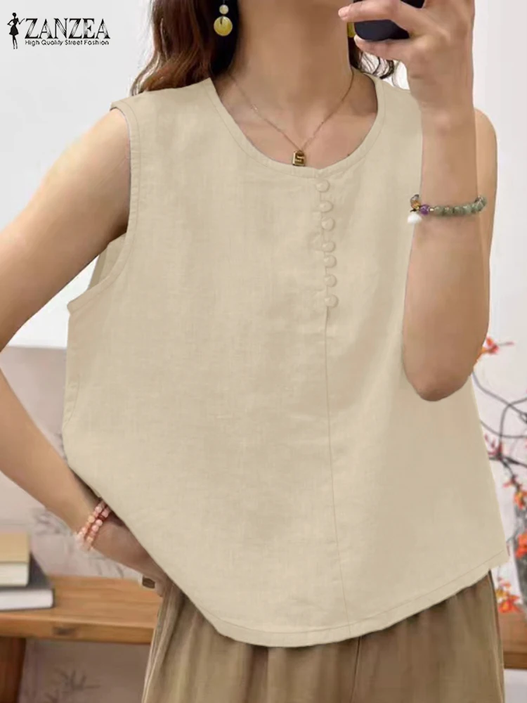 Mode Urlaub Tanks Tops ZANZEA Sommer Frauen Camis Ärmellose Solide Baumwolle Bluse Beiläufige Lose Hemd Strand Tunika Oversize 2025