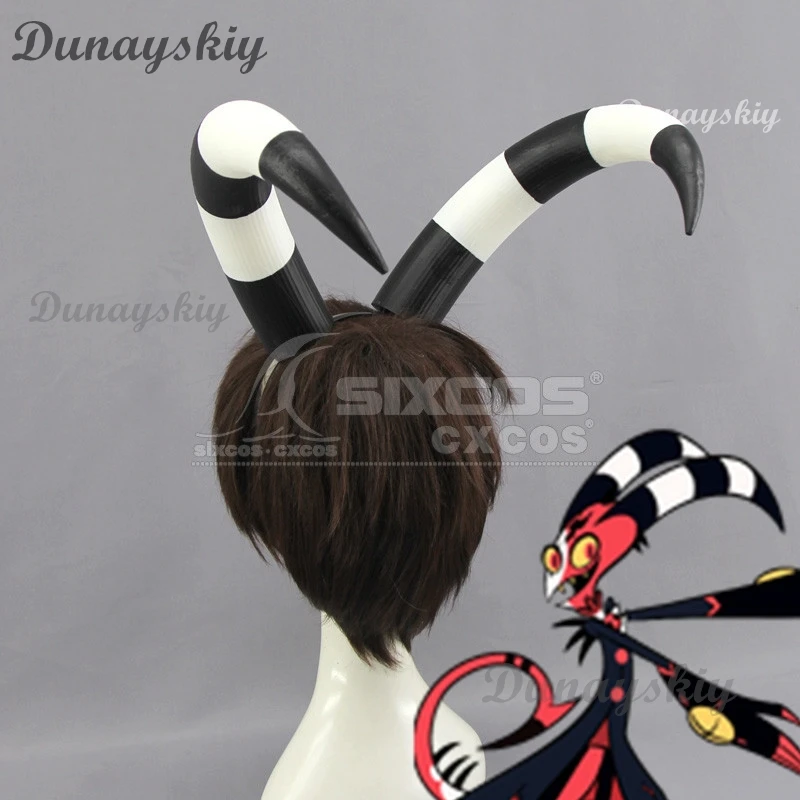 Blitzo Cosplay chifres para homens e mulheres, Anime Helluva Cos chefe, curva preto e branco, suporte Cosplay, Halloween, 22cm