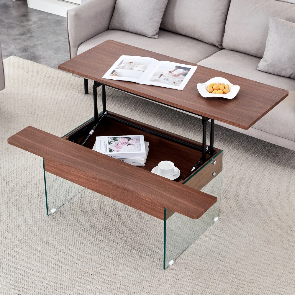 Mesa de centro elevable multifuncional, pegatina con textura de madera oscura, patas de vidrio templado, función superior elevable. Mesa de centro